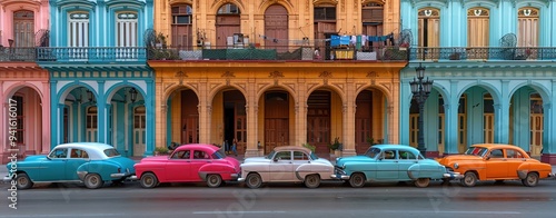 Photograph the stunning architecture and vibrant street life of Havana, Cuba, with colorful classic cars and colonial buildings. Shot with Nikon lens