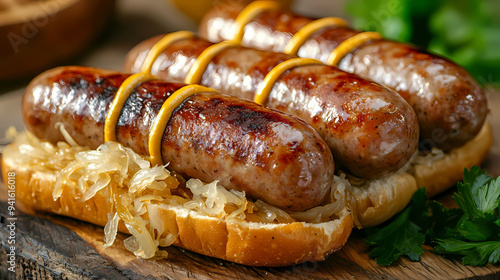 Wallpaper Mural Delicious grilled sausages served on bun with sauerkraut and garnished with lemon slices, evoking mouthwatering and satisfying experience. Torontodigital.ca