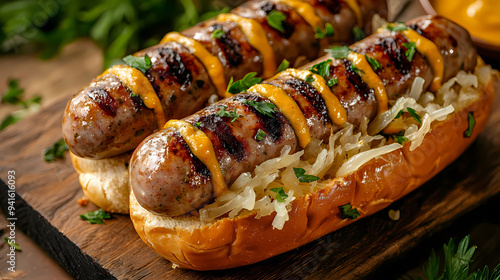 Wallpaper Mural Delicious grilled sausages topped with mustard and served in bun with sauerkraut, evoking sense of indulgence and satisfaction. Torontodigital.ca