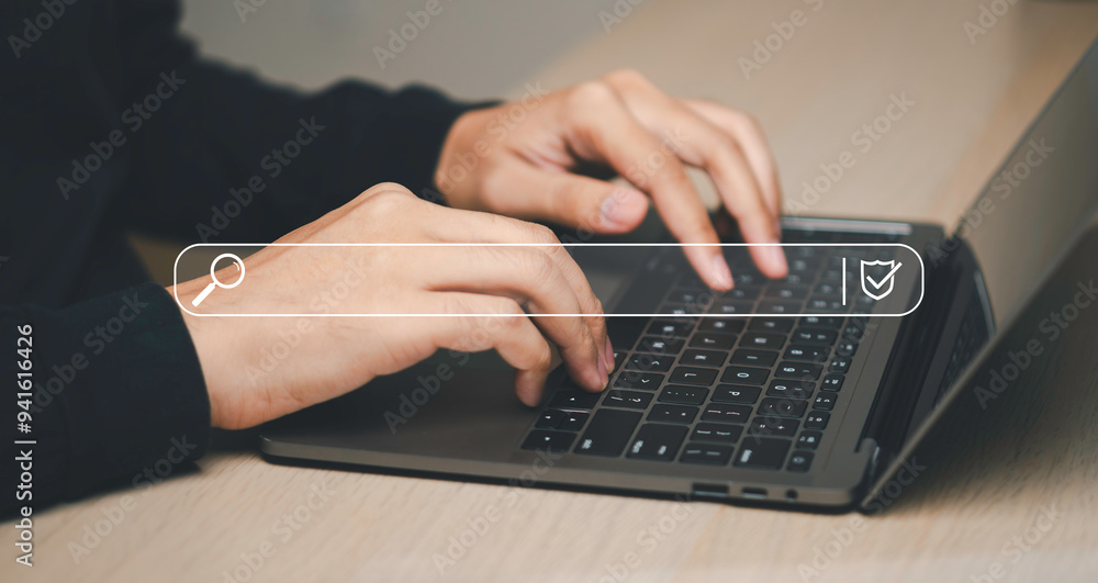 personal using laptop with virtual Search bar for data search on 5G network website online. Data search technology search engine optimization concept search engines SEO.