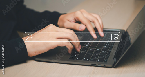 Obraz na płótnie personal using laptop with virtual Search bar for data search on 5G network website online. Data search technology search engine optimization concept search engines SEO. w salonie