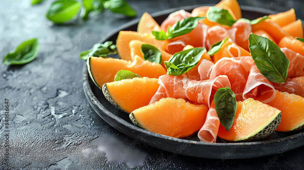 Fresh cantaloupe and prosciutto arranged beautifully on black plate, garnished with basil leaves, creating vibrant and appetizing display. Fresh cantaloupe and prosciutto arranged beautifully on black plate, garnished with basil leaves, creating vibrant and appetizing display.