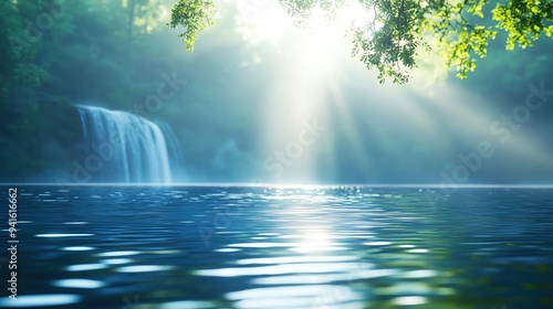 A serene waterfall cascading into a tranquil pool, surrounded by lush greenery and softly illuminated by bright sunlight.