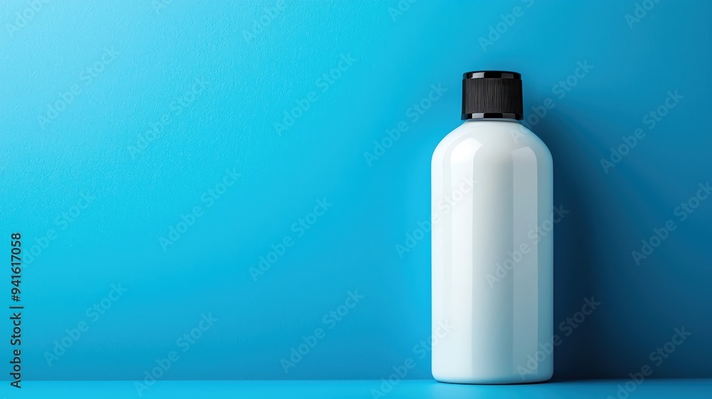 A sleek, modern white bottle with a black cap against a vibrant blue background, perfect for product showcasing. A sleek, modern white bottle with a black cap against a vibrant blue background, perfect for product showcasing.
