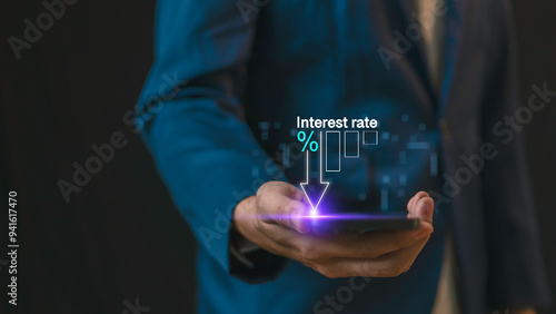 Interest rate and dividend concept, FED consider interest rate Interest rate decline graph, investment in percentage. income, return, compensation fund, investment, dividend tax, stock market