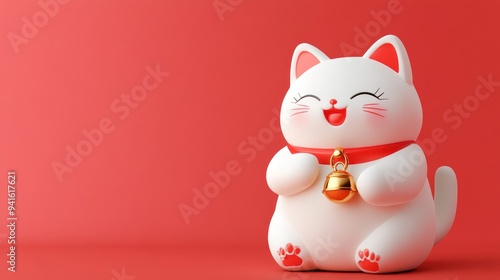 Smiling White Cat with a Golden Bell