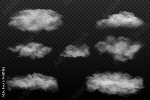 Set of realistic cumulus clouds on transparent night sky background