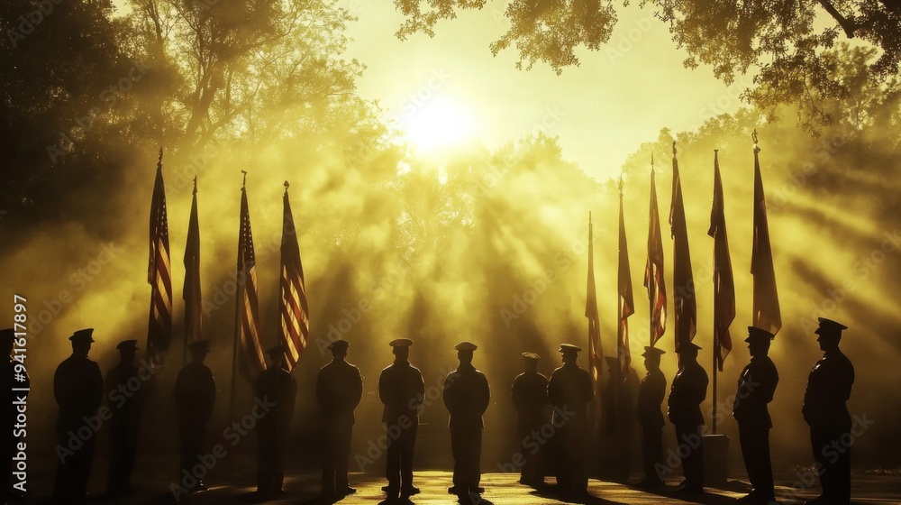 Honoring Sacrifice Soldiers in silhouette stand in solemn respect as