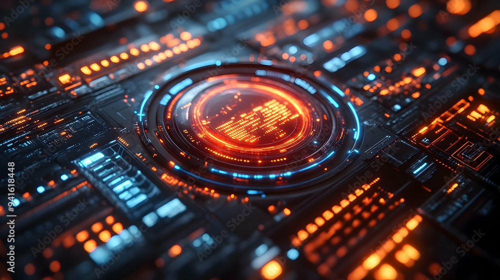 Futuristic Interface with Glowing Orange and Blue Lights 3D Illustration Futuristic Interface with Glowing Orange and Blue Lights 3D Illustration