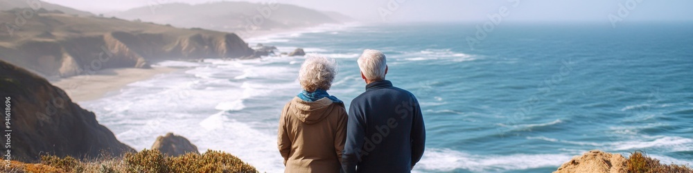 Active Senior Couple Marveling at Pacific Coast Scenery During Retirement Hike. Joyful Elderly Adventurers Embracing Nature's Beauty in Golden Years. Inspiring Lifestyle for Retirees Seeking Outdoor E Active Senior Couple Marveling at Pacific Coast Scenery During Retirement Hike. Joyful Elderly Adventurers Embracing Nature's Beauty in Golden Years. Inspiring Lifestyle for Retirees Seeking Outdoor E