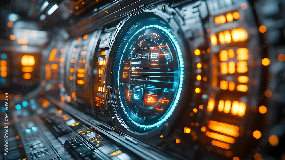 Fototapeta premium Futuristic 3D Interface - Control Panel with glowing Lights and Blue Circle