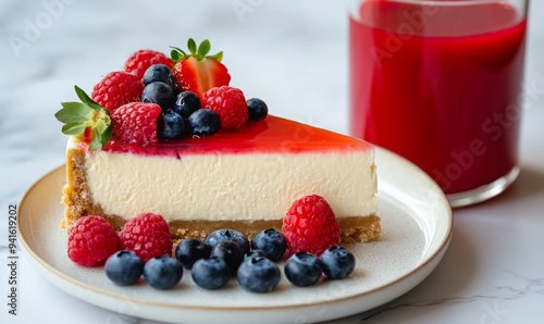 A slice of cheesecake with strawberries, blueberries and raspberries 