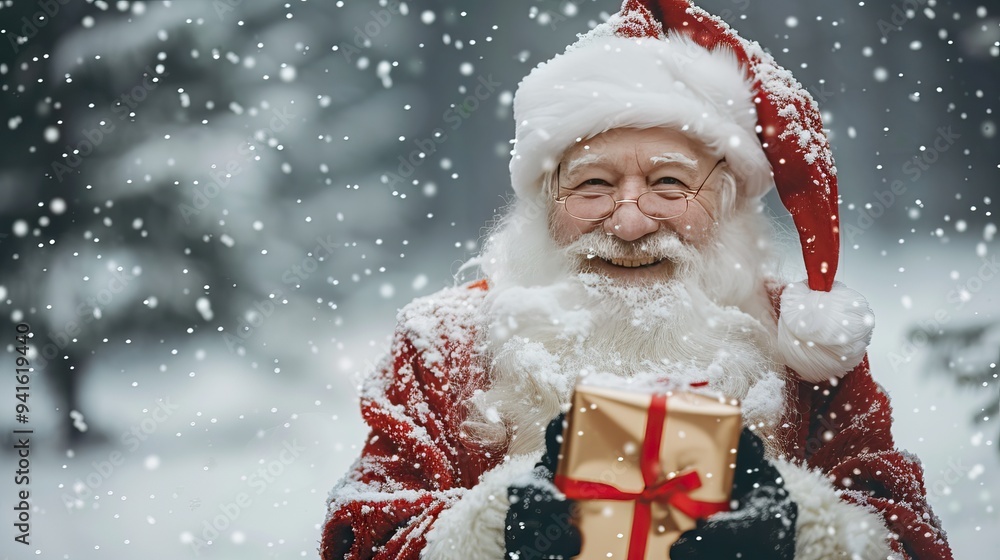Happy Santa Claus with a gift on a Christmas background. Advertising New Year's Christmas discount, Christmas promotion. Christmas and New Year concept Happy Santa Claus with a gift on a Christmas background. Advertising New Year's Christmas discount, Christmas promotion. Christmas and New Year concept