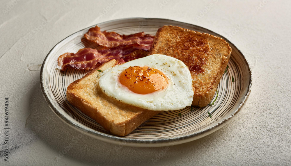 Tasty fried egg with toasted bread and bacon in plate. Delicious nutritious food, snack for lunch Tasty fried egg with toasted bread and bacon in plate. Delicious nutritious food, snack for lunch