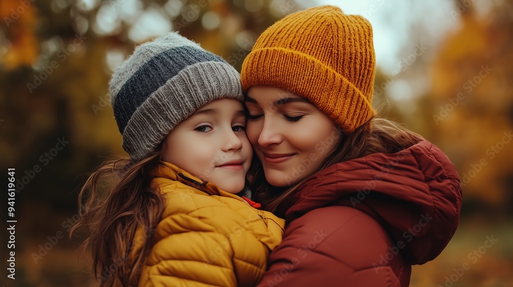 A mother embraces her daughter in warm jackets during a crisp autumn afternoon in a vibrant park filled with colorful leaves A mother embraces her daughter in warm jackets during a crisp autumn afternoon in a vibrant park filled with colorful leaves