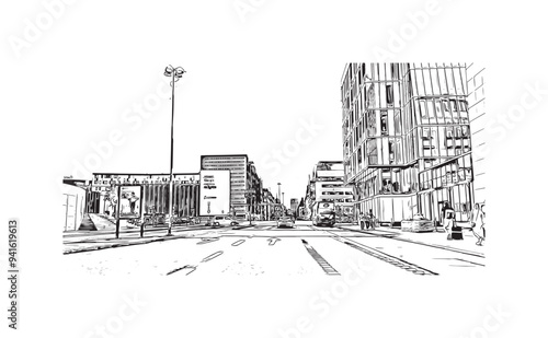 Print Building view with landmark of  Stockholm is the capital in Sweden. Hand drawn sketch illustration in vector.