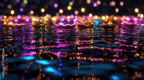 A captivating scene of floating Diyas and colorful lights on water, illuminating the night and setting a serene, festive atmosphere. photo