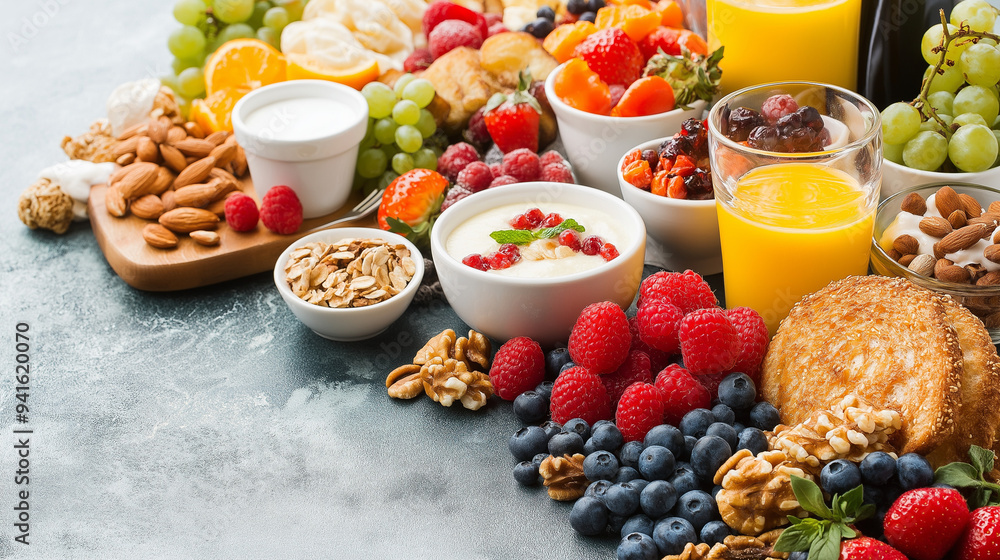 Vibrant and colorful breakfast spread. Vibrant and colorful breakfast spread.