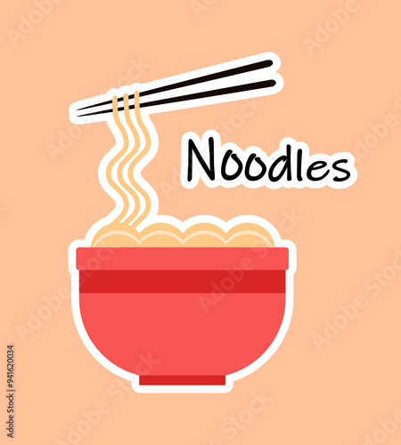 Bowl of noodles and chopsticks as sticker on yellow background.