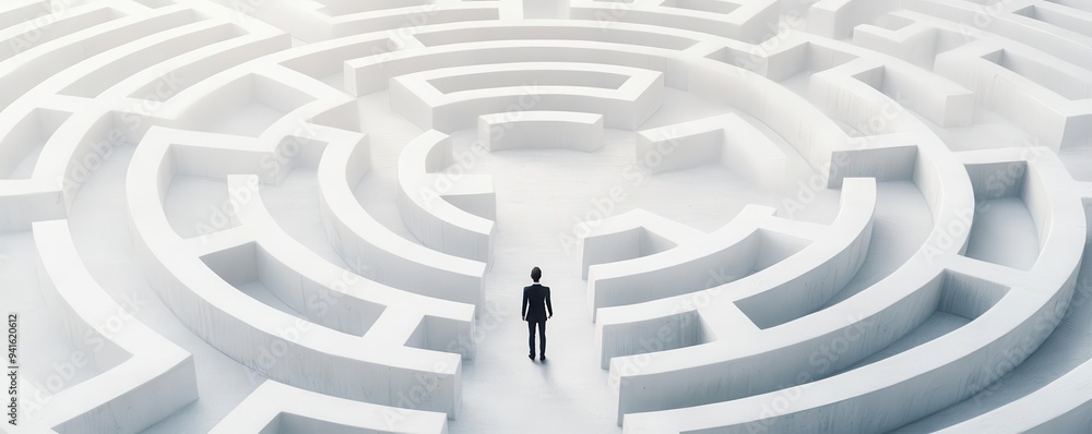 A person standing at the entrance of an abstract, complex maze, contemplating the way forward A person standing at the entrance of an abstract, complex maze, contemplating the way forward