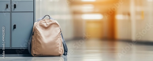 A wellworn backpack leaning against a closed school locker, dimly lit corridor photo