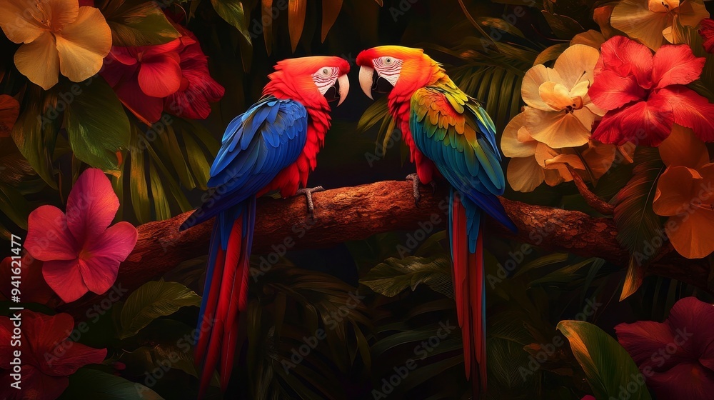 Obraz premium Two vibrant macaws, one red and blue and the other green and red, are perched on a branch surrounded by lush tropical foliage, symbolizing love, beauty, and the vibrancy of nature.