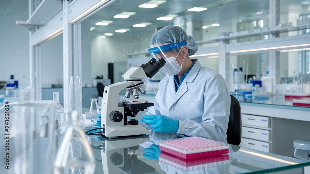 Biologist in Cleanroom Attire Monitoring Cell Cultures in Modern Lab Biologist in Cleanroom Attire Monitoring Cell Cultures in Modern Lab