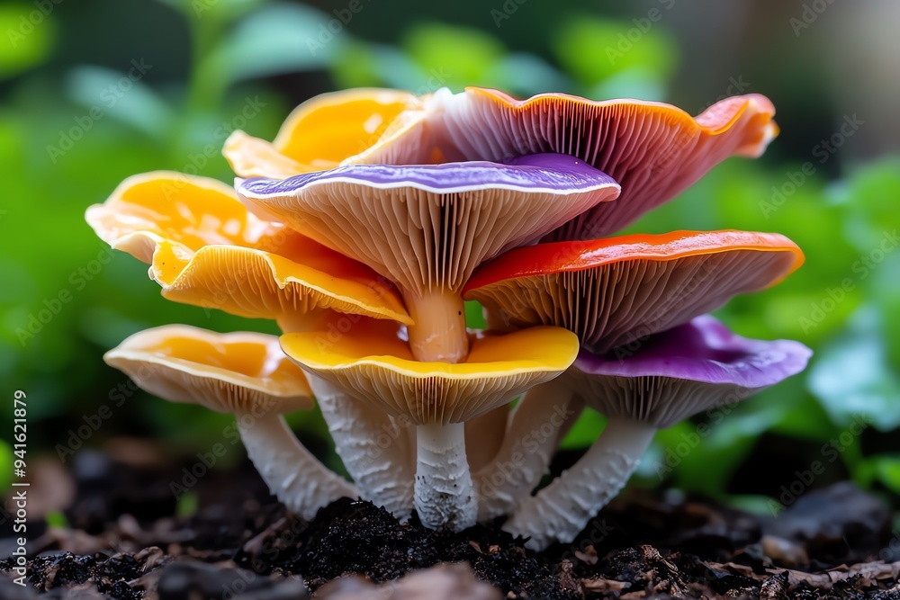 A photograph of a group of different colored mushrooms growing together in a wild, overgrown garden, highlighting nature's diversity A photograph of a group of different colored mushrooms growing together in a wild, overgrown garden, highlighting nature's diversity