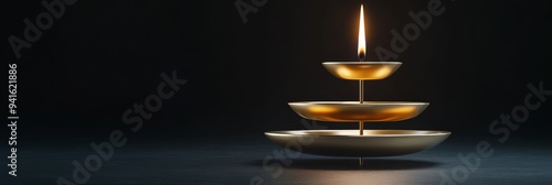 A golden, multi-tiered diya stand with lit candles, symbolizing prosperity, knowledge, peace, hope, and the triumph of good over evil, a perfect decorative element for Diwali.