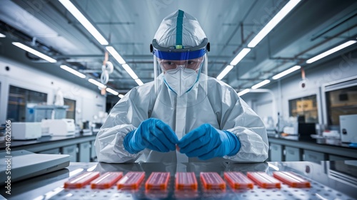 Biologist in Protective Gear Examining Petri Dishes in Virus Lab photo