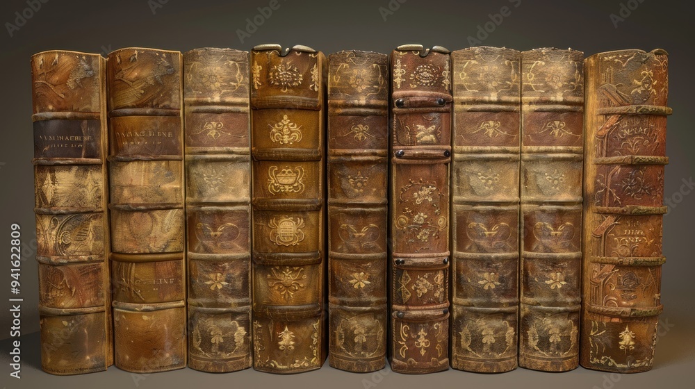 Close up of antique leather bound books. Close up of antique leather bound books.