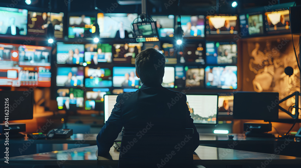 Political Analyst Studio Desk with Multiple Monitors Showing News Channels, Focused on Current Affairs. Political Analyst Studio Desk with Multiple Monitors Showing News Channels, Focused on Current Affairs.