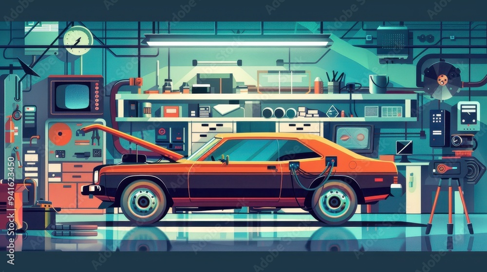 Fototapeta premium Vintage car in a neon-lit garage with open hood, surrounded by tools and equipment, embodies retro automotive repair and maintenance.