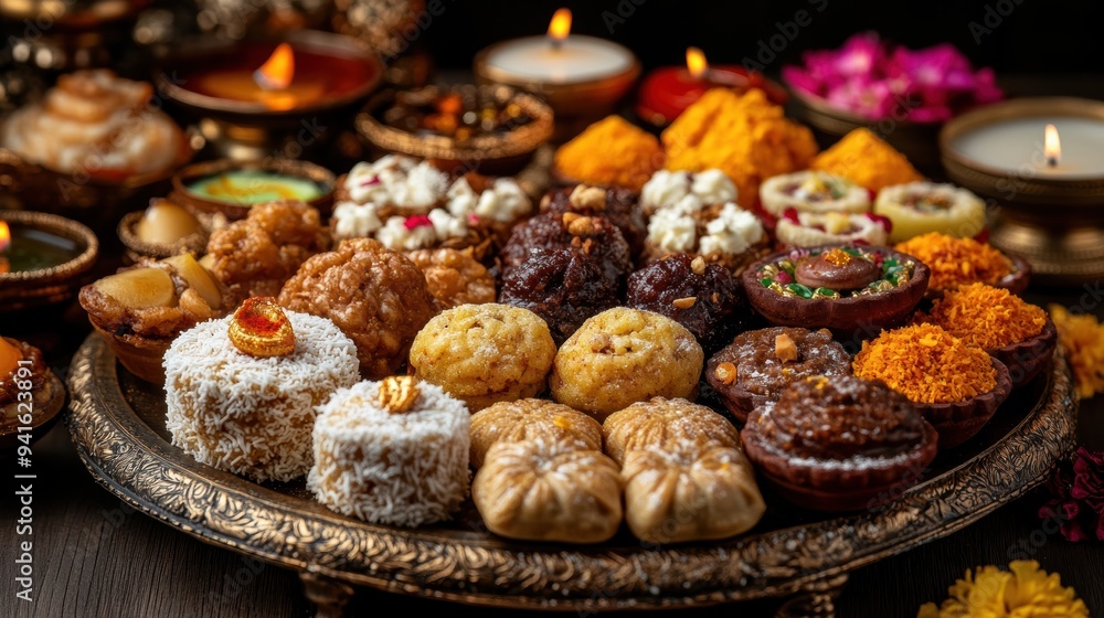 A decorative tray filled with an array of colorful traditional sweets, encircled by candles, creating a cozy and celebratory atmosphere.