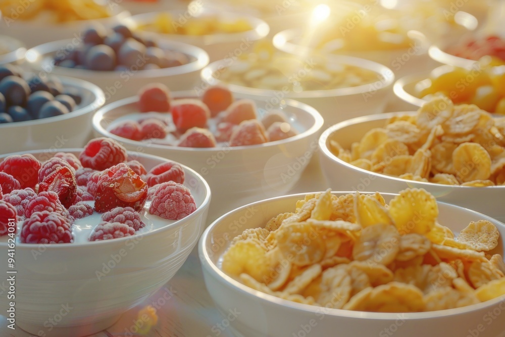 A table setting with bowls of cereal and fresh fruit A table setting with bowls of cereal and fresh fruit