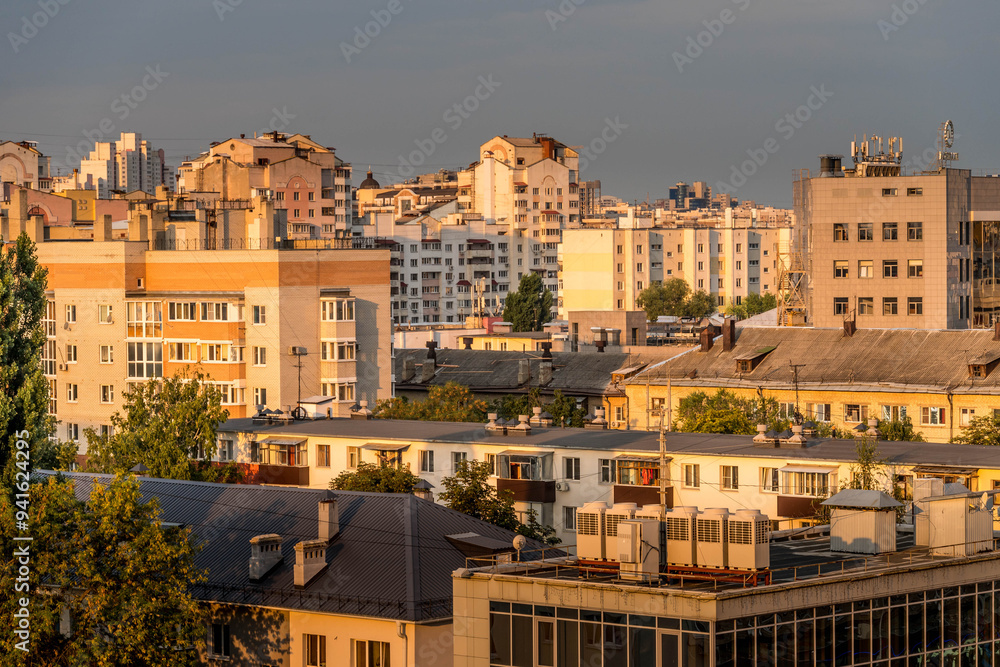 Naklejka premium The panorama view of the Belgorod, the city in western Russia, on the border with Ukraine, with buildings, the downtown, Russian architecture, and residential houses. 