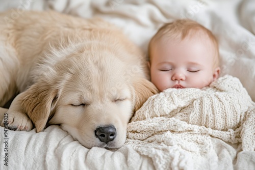 A peaceful scene where a baby and a golden retriever puppy are snuggled together, both sleeping blissfully under a cozy knitted blanket on a white bed.