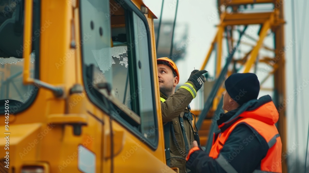 An operator in the cab of a mobile crane while a worker on the ground communicates using a walkie-talkie An operator in the cab of a mobile crane while a worker on the ground communicates using a walkie-talkie