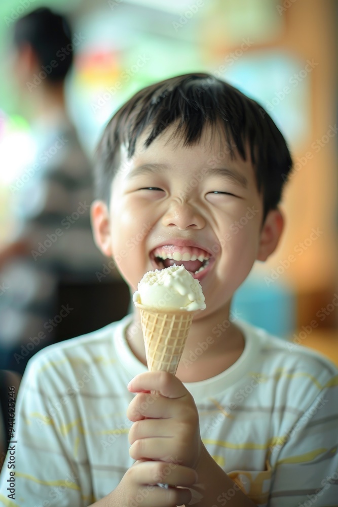 Happy Child Enjoying Ice Cream Cone Indoors on a Bright Day Happy Child Enjoying Ice Cream Cone Indoors on a Bright Day