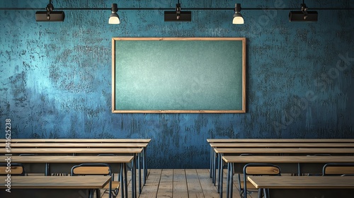 A modern classroom setting featuring wooden desks, a chalkboard, and stylish lighting on a textured blue wall. photo