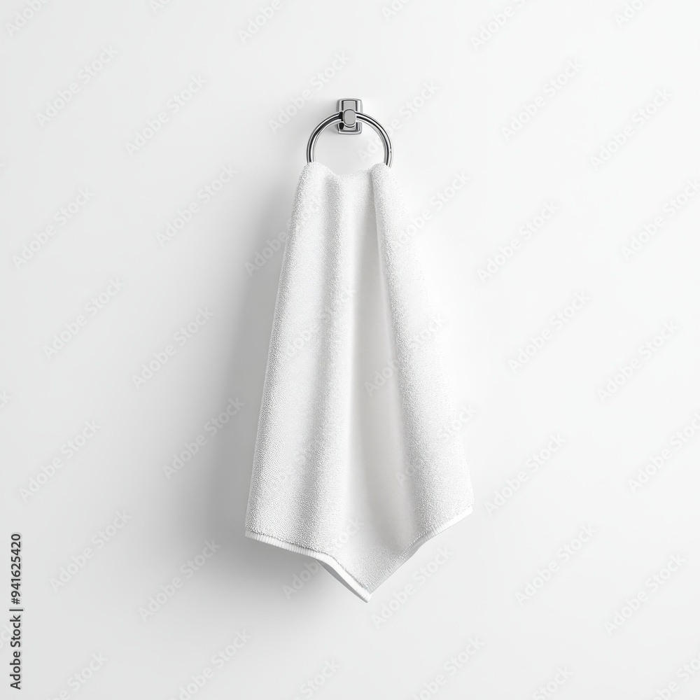 Minimalist 3D Icon of Bathroom Towel on Silver Hook in Clean Lines with Reflective Surface on White Background Minimalist 3D Icon of Bathroom Towel on Silver Hook in Clean Lines with Reflective Surface on White Background