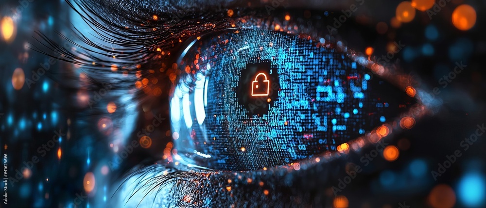 A close-up view of an eye with digital security elements, symbolizing vision and technology in the future of cybersecurity. A close-up view of an eye with digital security elements, symbolizing vision and technology in the future of cybersecurity.