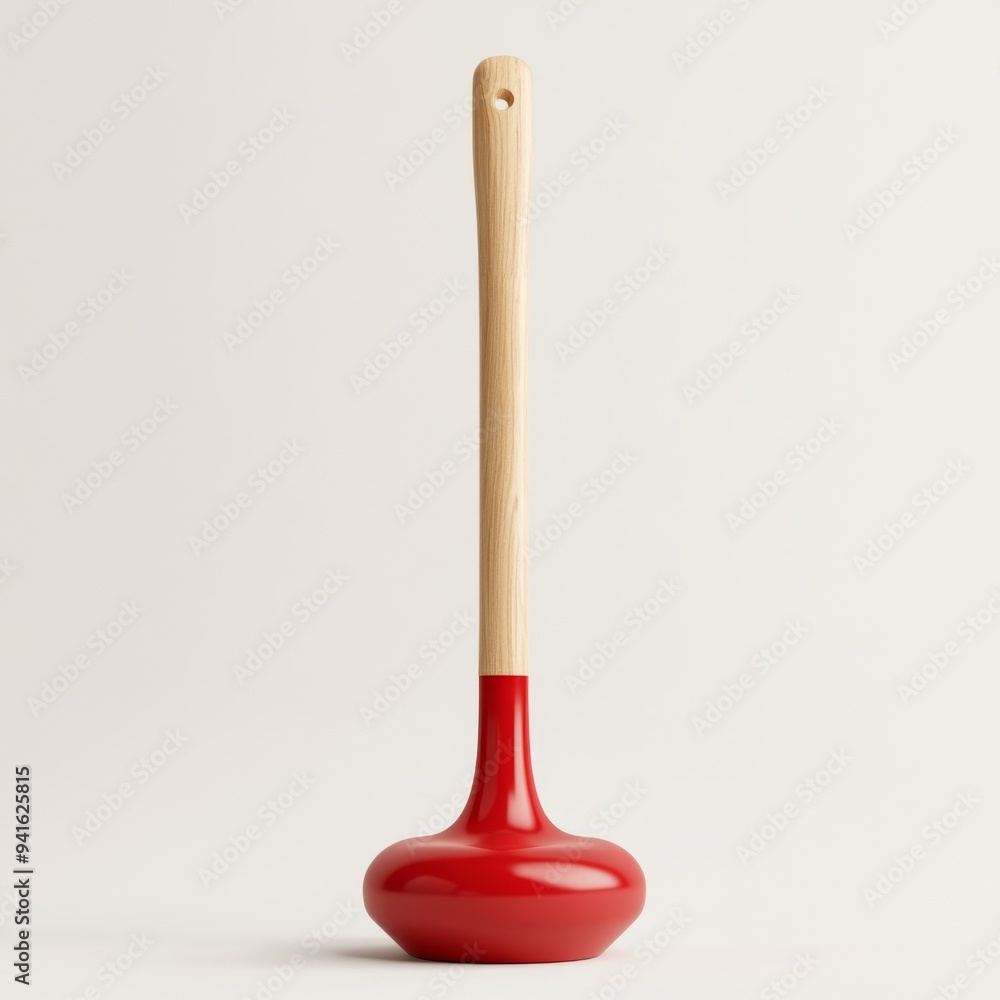 Modern 3D Bathroom Plunger Icon with Red Rubber Base and Wooden Handle in Minimalist Style Modern 3D Bathroom Plunger Icon with Red Rubber Base and Wooden Handle in Minimalist Style