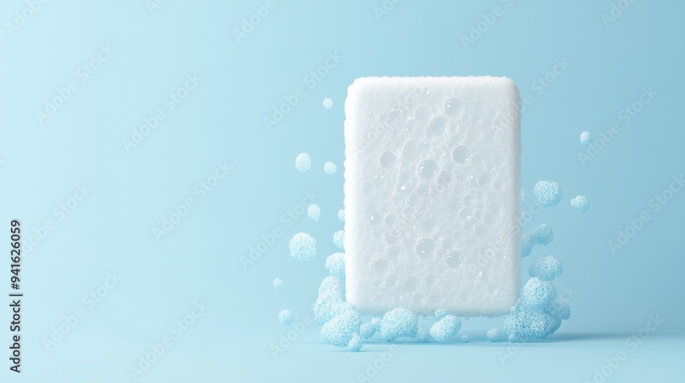Cleanliness Concept - 3D Hand Soap Bar Icon with Bubbles on Light Blue Background Cleanliness Concept - 3D Hand Soap Bar Icon with Bubbles on Light Blue Background