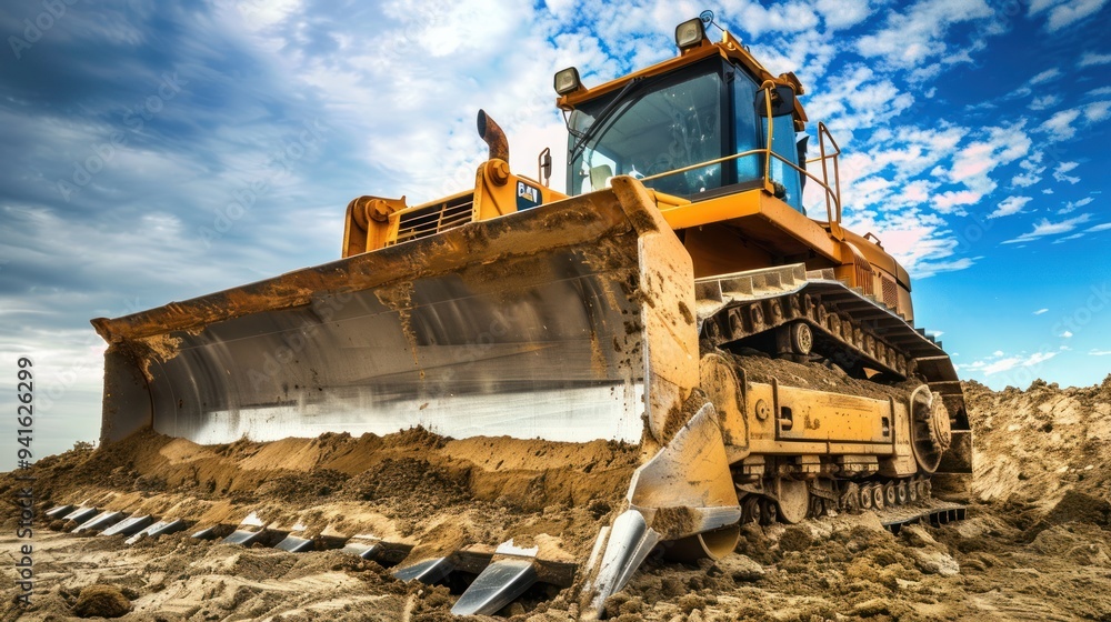 Bulldozer parked with its blade raised, ready for work Bulldozer parked with its blade raised, ready for work