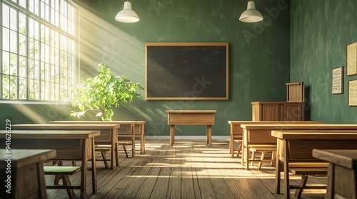 Sunlight streams through windows in an empty vintage classroom with wooden desks and a chalkboard.