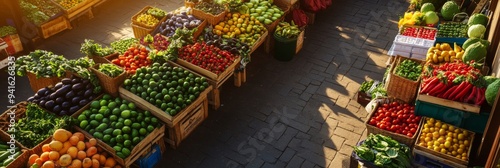 A bustling farmers market filled with vibrant stalls showcasing an abundance of fresh fruits, vegetables, and herbs. The colorful produce, including bright red tomatoes, green avocados, and yellow lem photo