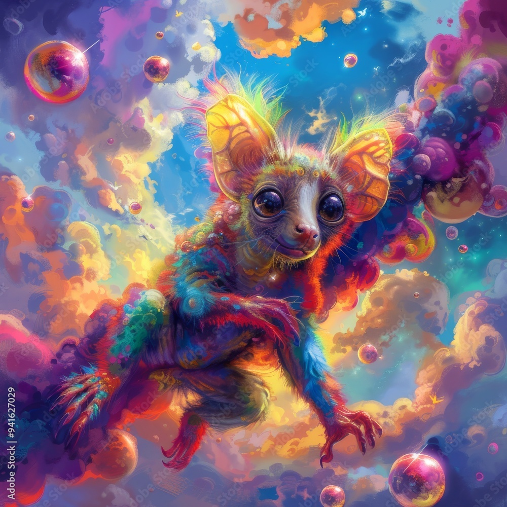 Colorful fluffy lemur floating in the sky with soap bubbles. Colorful fluffy lemur floating in the sky with soap bubbles.