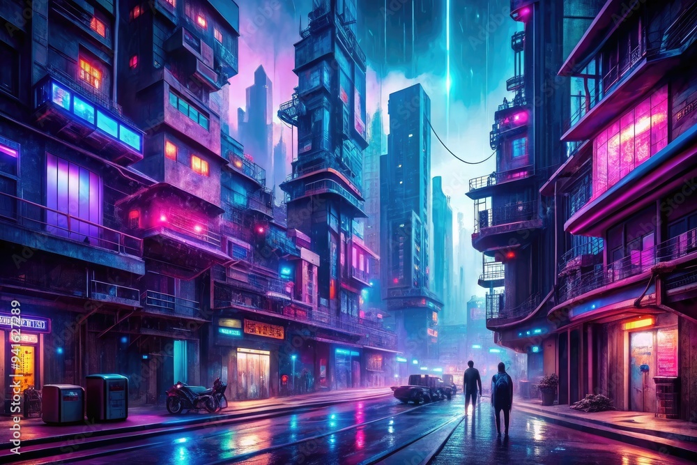 Cyberpunk District: Neon, futuristic, urban, gritty, blue, violet, tech implants Cyberpunk District: Neon, futuristic, urban, gritty, blue, violet, tech implants