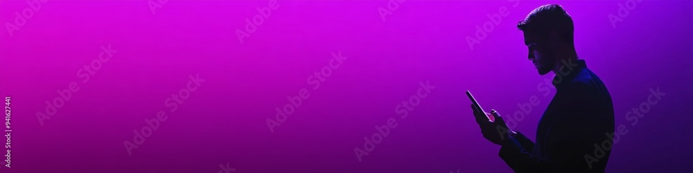 Innovative Communication Concept: Man Using Smartphone on Purple Background. Futuristic Digital Connectivity and Mobile Technology Illustration for Modern Business and Marketing Campaigns. Minimalist Innovative Communication Concept: Man Using Smartphone on Purple Background. Futuristic Digital Connectivity and Mobile Technology Illustration for Modern Business and Marketing Campaigns. Minimalist